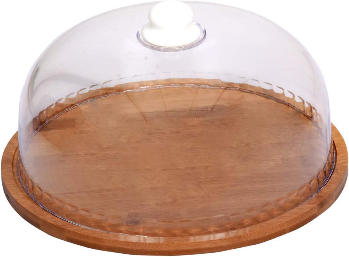 VPLLEX Cake Stand with Acrylic Dome, Server Cake Plate with Lid Serving Platter Tray Dessert Stand, Acrylic Cheese Dome with Base for Home Kitchen Baking || Bamboo Cake Stand