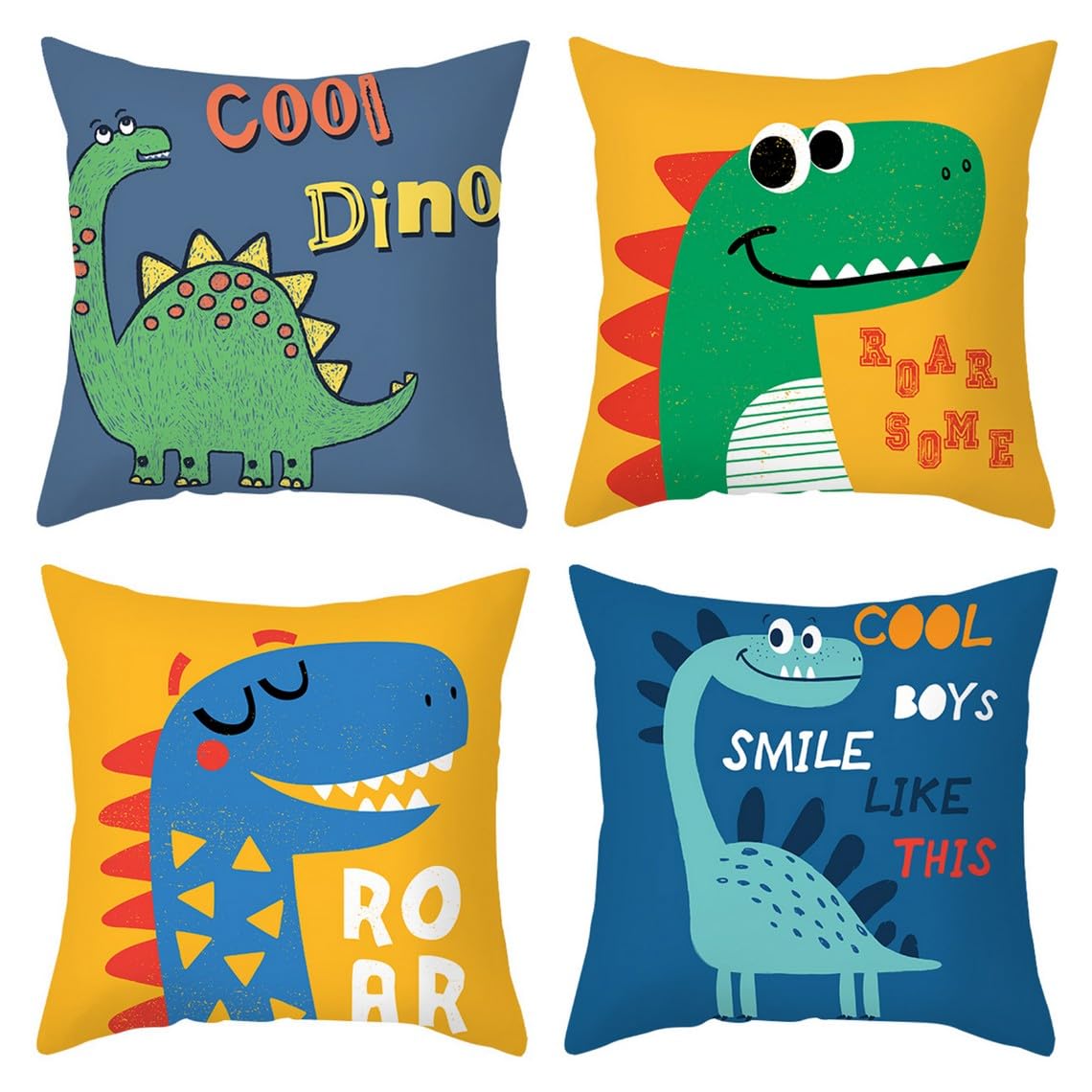 Chenlane Silk Long Pillow Covers For Couch Cushion Zip Cartoon Cute Dinosaur, Queen Cotton Living Room Premium Thickened Fabric 45x45 cm, 4Pcs