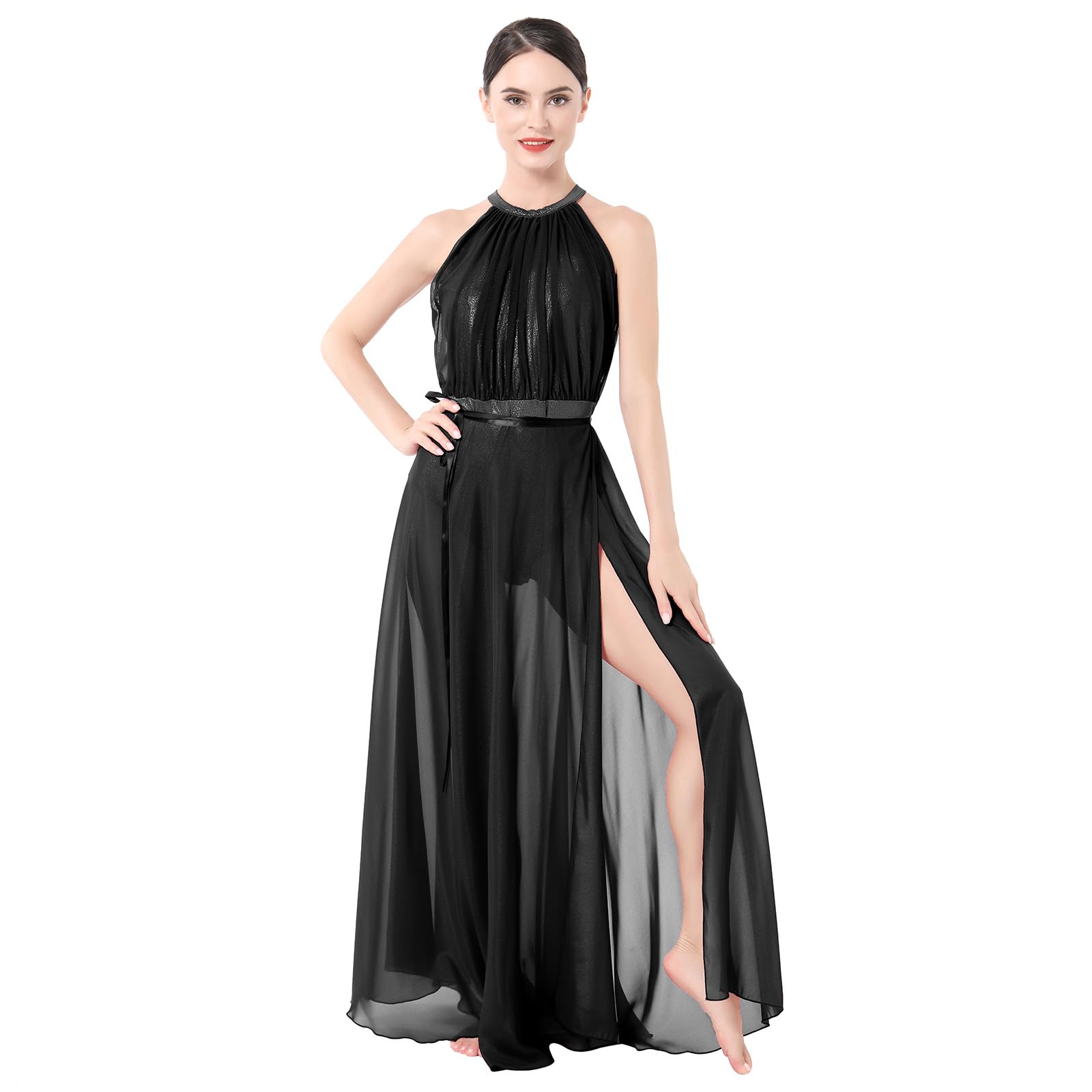 AFAVOM Women's Lyrical Dance Costume Shiny Metallic Lyrical Dance Dress Sleeveless Halter Ballet Leotard Bodysuit + Maxi Wrap Split Flowy Mesh Tulle Skirt 2PCS Contemporary Dance Costumes Black M