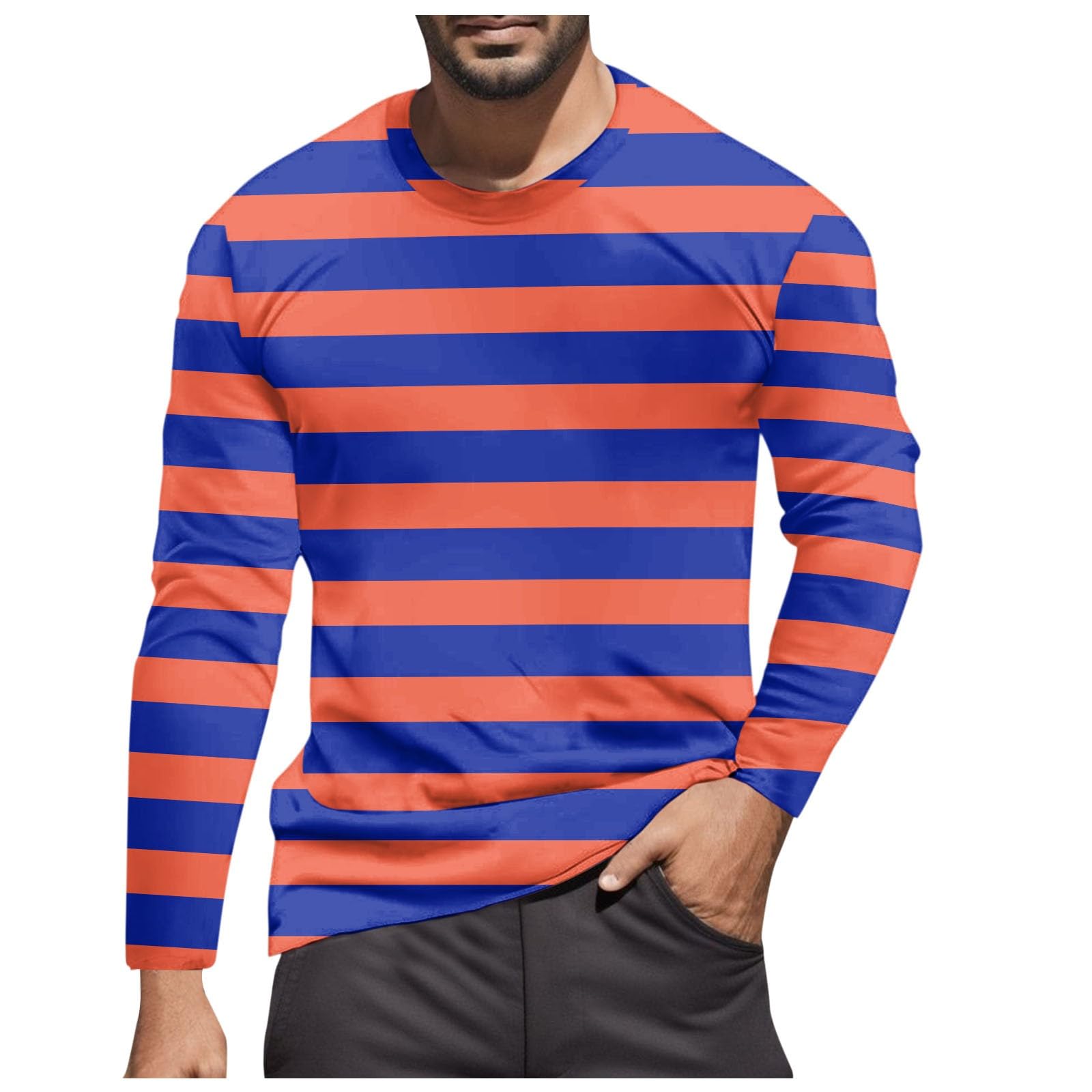 Striped Shirt Men Women Red White Long Sleeve T-Shirt Carnival Long Sleeve T-Shirt Horizontal Stripes Wide Stripes Fine Stripes Crew Neck Leisure Top Striped Shirt Fancy Dress Costumes, Orange-11, XXL