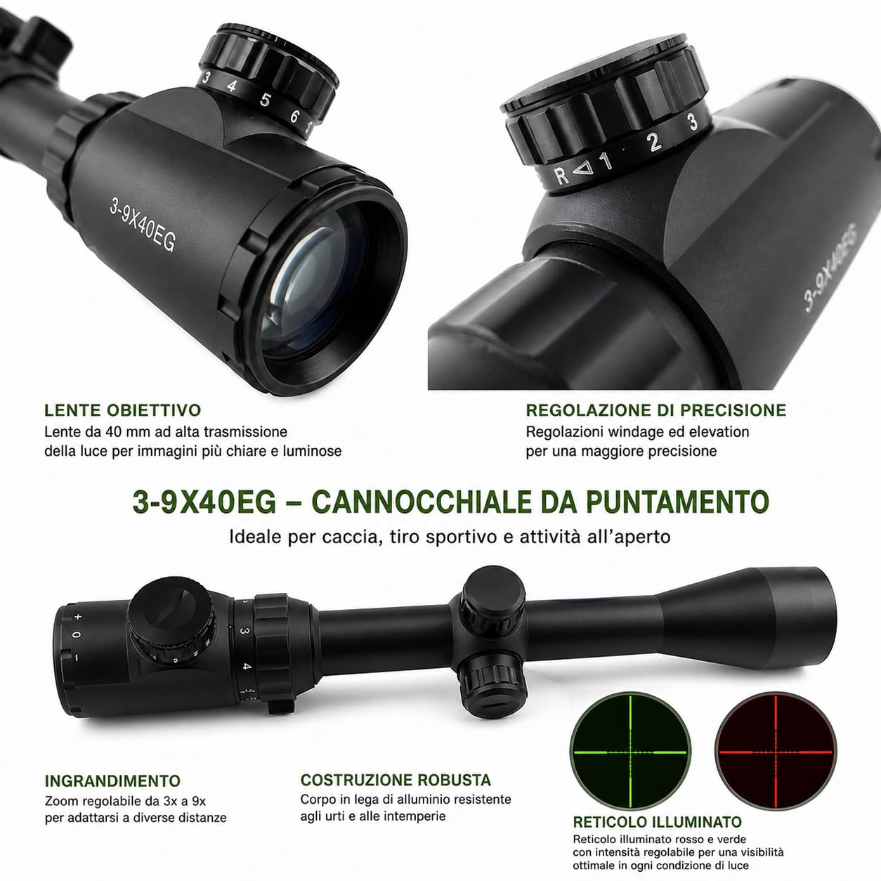 Topolenashop Mirino Ottico 3-9x40EG Con Reticolo Illuminato Verde/Rosso, Cannocchiale Con Zoom Variabile 3-9x, Regolazione Deriva/Elevazione, Attacco Weaver 22mm Incluso | 85116-3-9 * 40EG