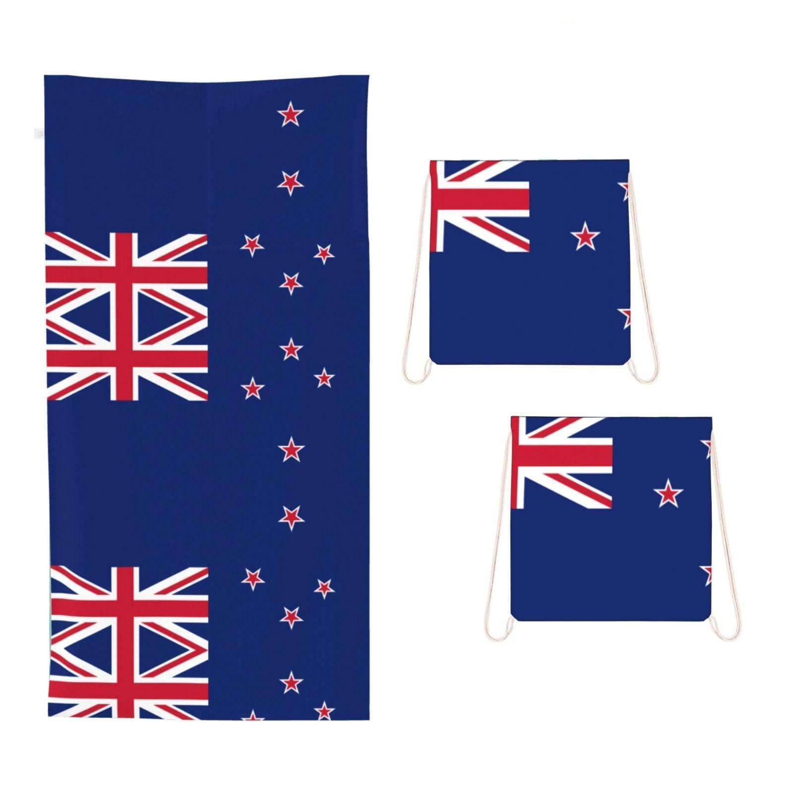 CNTDBU New Zealand Flag 2 in 1 Packable Towel Bag-Large Beach Towel with Stuff Sack, Super Absorbent Microfiber Travel Towel for Pool