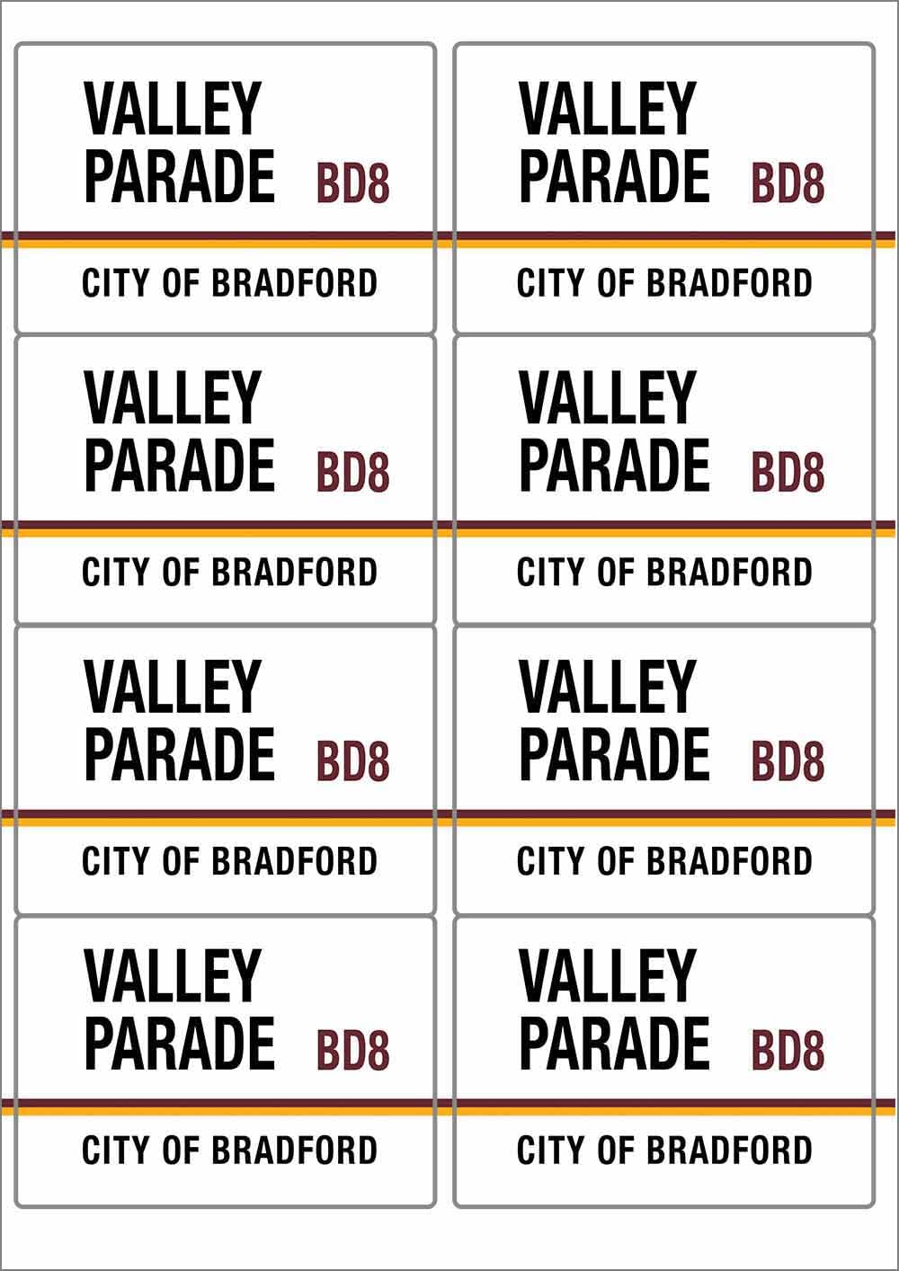 Valley Parade BD8 Bradford Road Sign Rectangular Matt Paper Stickers A4 Sheet of 8 (Each Sticker is 99mm x 68mm)