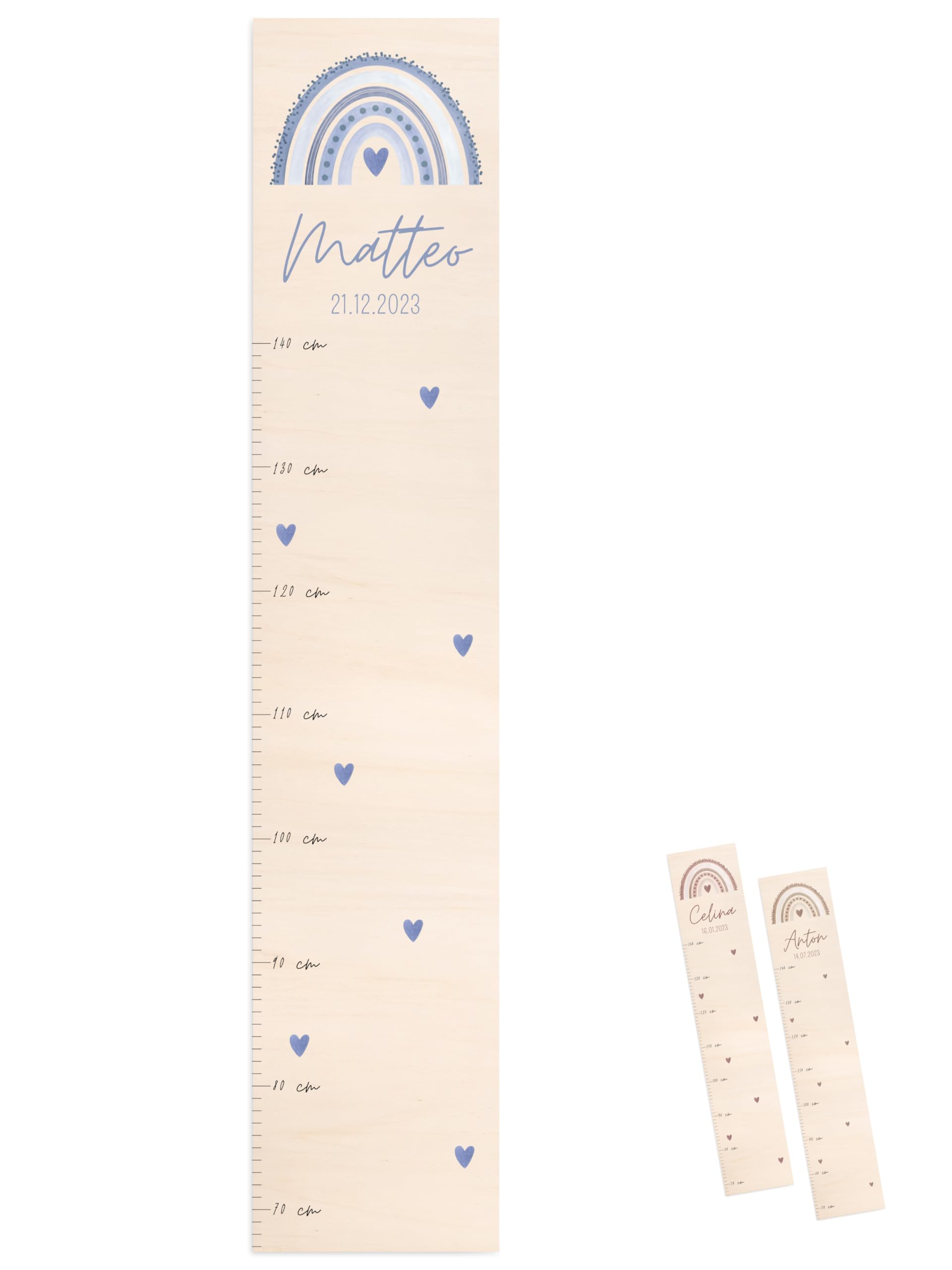 wunderwunsch® - Personalisierte Messlatte Kind Holz zum Kleben oder Aufhängen - Skala 70-140cm - Süße Dekoration für Baby- & Kleinkinderzimmer (blau)