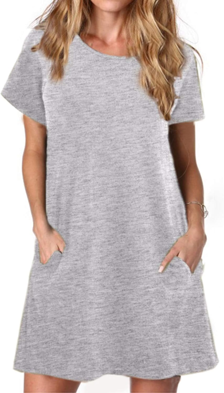 Alaster Women’s Casual Summer T Shirt Dress Loose Short Sleeve Tunic Dress with Pocket for Women C-grey Large Plus
