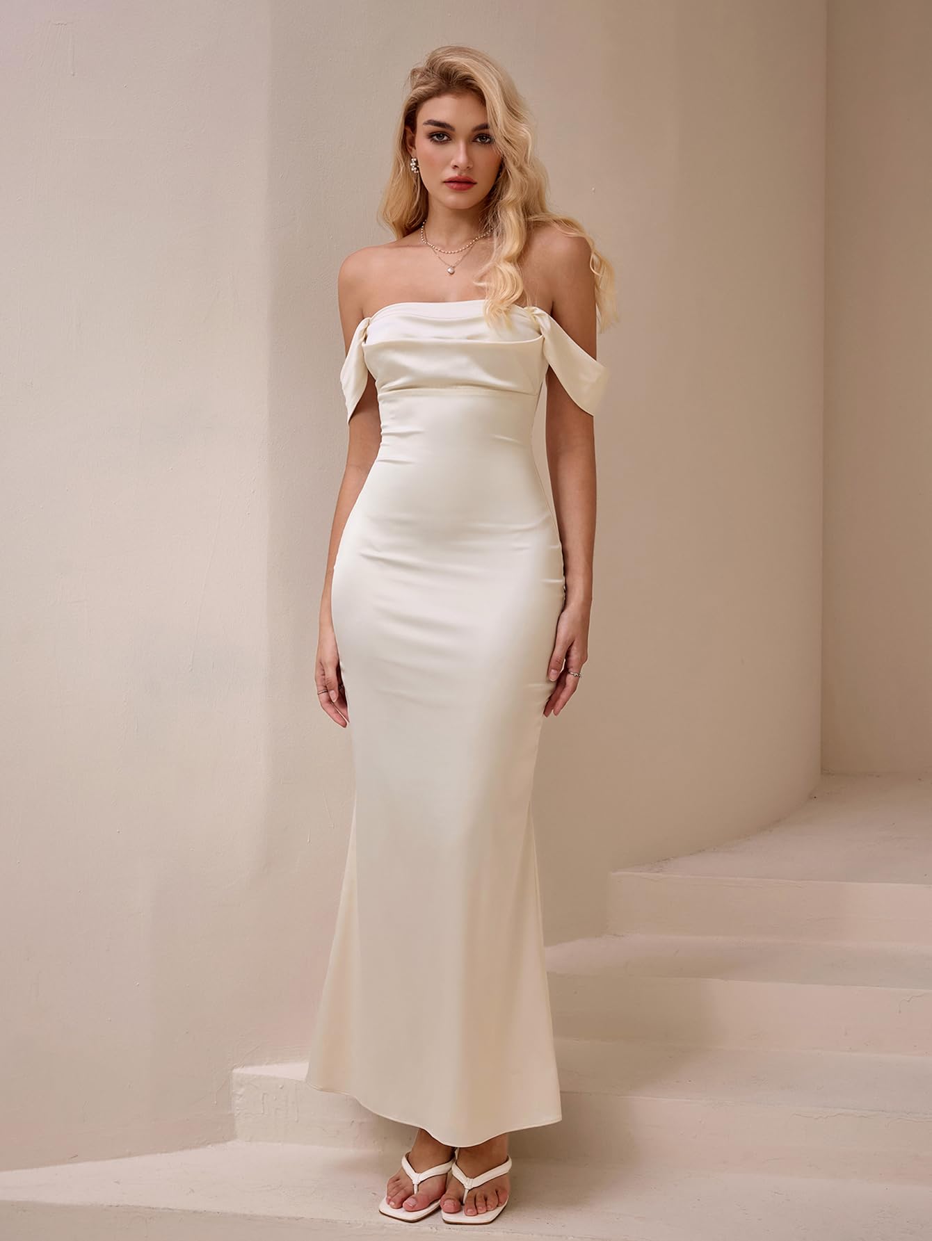 KUTUMAI Women Off Shoulder Satin Maxi Dress Elegant Ruched Bodycon Long Cocktail Formal Wedding Guest Dresses