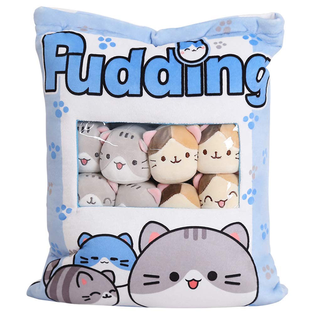 Nenalayo Cute Kitty Cat Snack Pillow Pudding Decorative Stuffed Animal Dolls for Bed Couch Creative Toy Gifts for Teens Girls Kids (Blue)