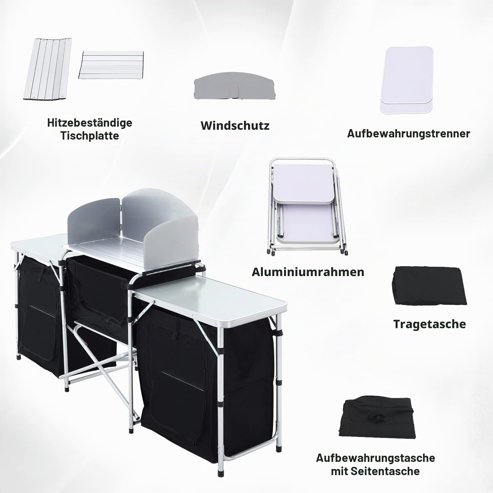 Warmiehomy Campingküche Schrank Faltbar, Tragbarer Campingschrank mit Aluminiumgestell, 3 Schränkfach & Abnehmbare Platte, Outdoor Küchenschrank für Picknick, Reisen, Strand, Schwarz, 175×40×110 cm