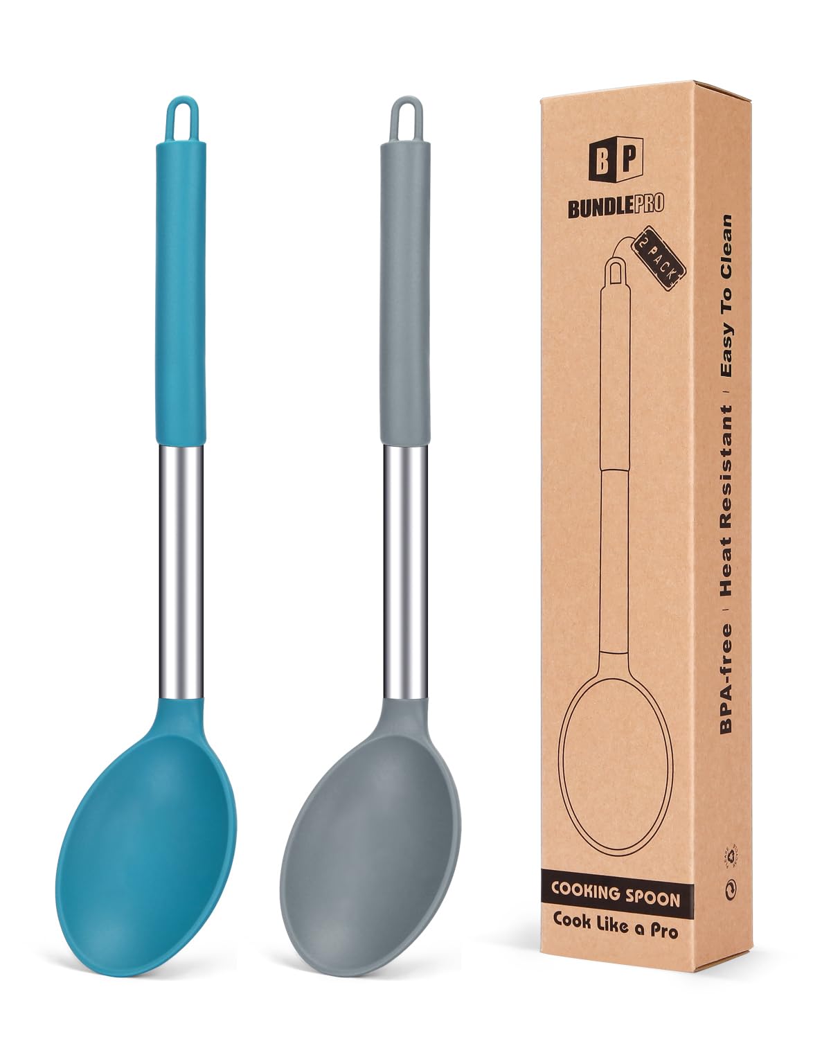 Pack of 2 Large Silicone Cooking Spoon,Non Stick Solid Basting Spoon, Heat-Resistant Kitchen Utensils for Mixing, Serving (Gray-Blue)