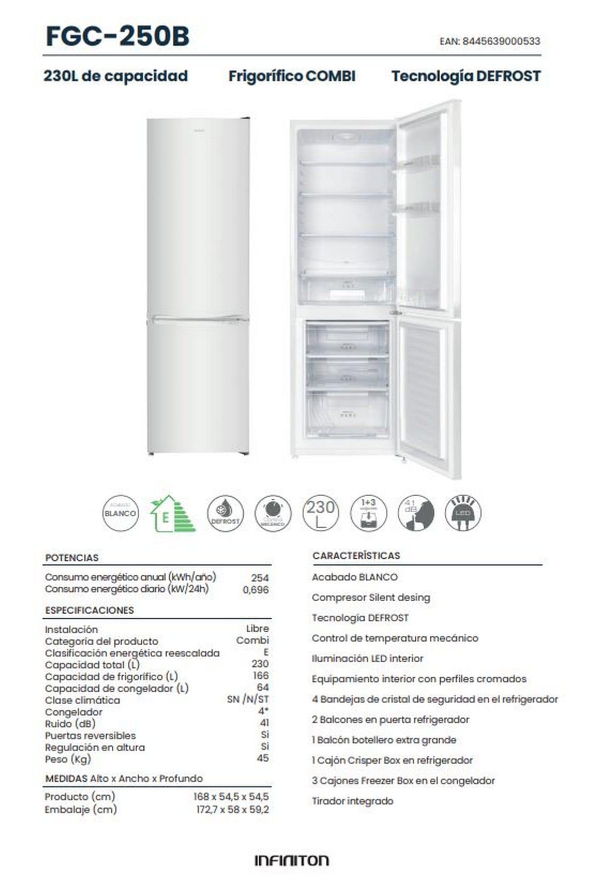 INFINITON | Frigorífico FGC-250B | Blanco| Capacidad 168 Litros| Defrost | Silent design | Crisper box | Clase E