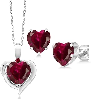 Gem Stone King 5.12 Cttw Red Created Ruby Pendant and Earrings Jewelry Set For Women | 925 Sterling Silver | Heart Shape 8MM | With 18 Inch Chain