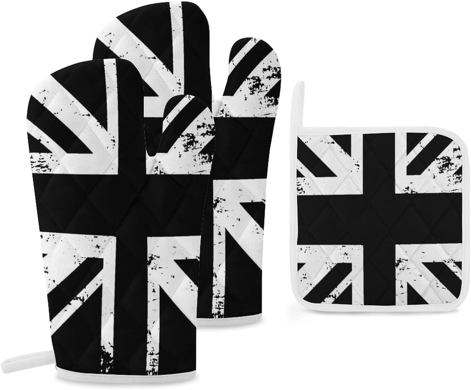 White and Black British Flag Print Oven Mitts and Pot Holders 3 Piece Sets Heat Resistant Gloves Hot Pads Potholders for Kitchen Baking Cooking