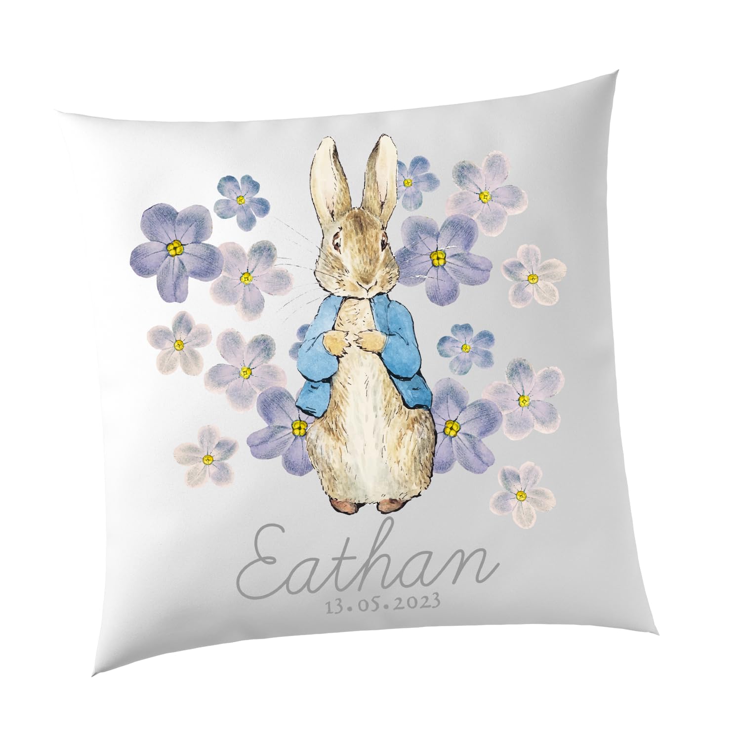 SMARTYPANTS Personalised Blue Rabbit White Cushion - Animals Kids Peter Rabbit Inspired Baby Name Flowers Date Bedroom Child Home Decor Living Gifts Presents (Cover+Filling)
