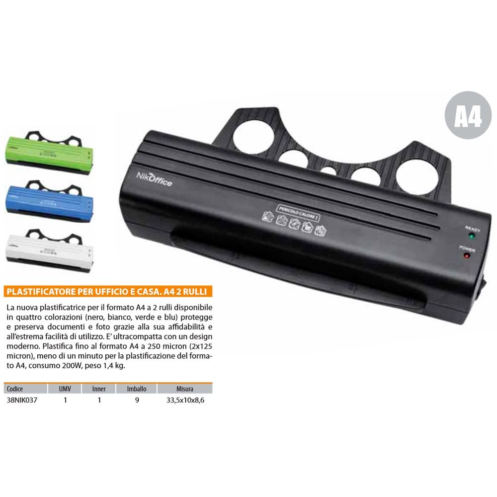 Plastificatrice Professionale A4 Color Plastica Documenti Sottovuoto Foto NikOffice 38NIK037