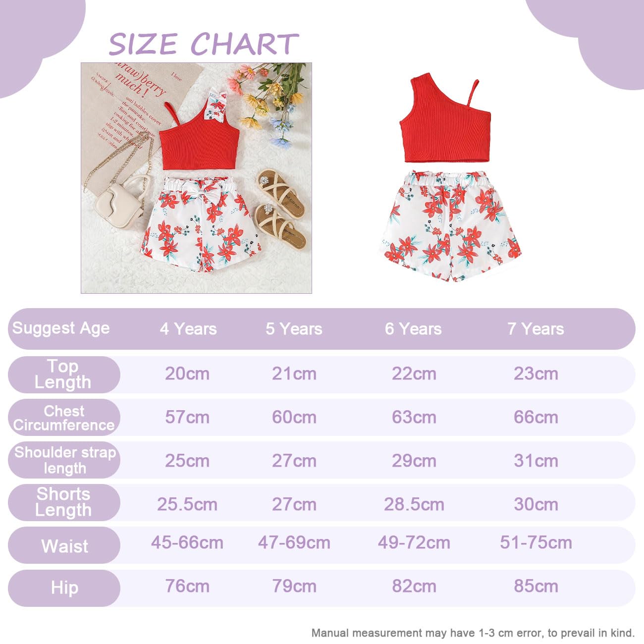 Conjunto Ropa Niña, Top Acanalado + Pantalones Cortos con Cintura Elástica con Estampado Tropical de Plantas/Flores y Lazos, Conjunto Verano Otoño Niña, Verde/Blanco/Rojo/Rosa Rojo, 4-7 Años