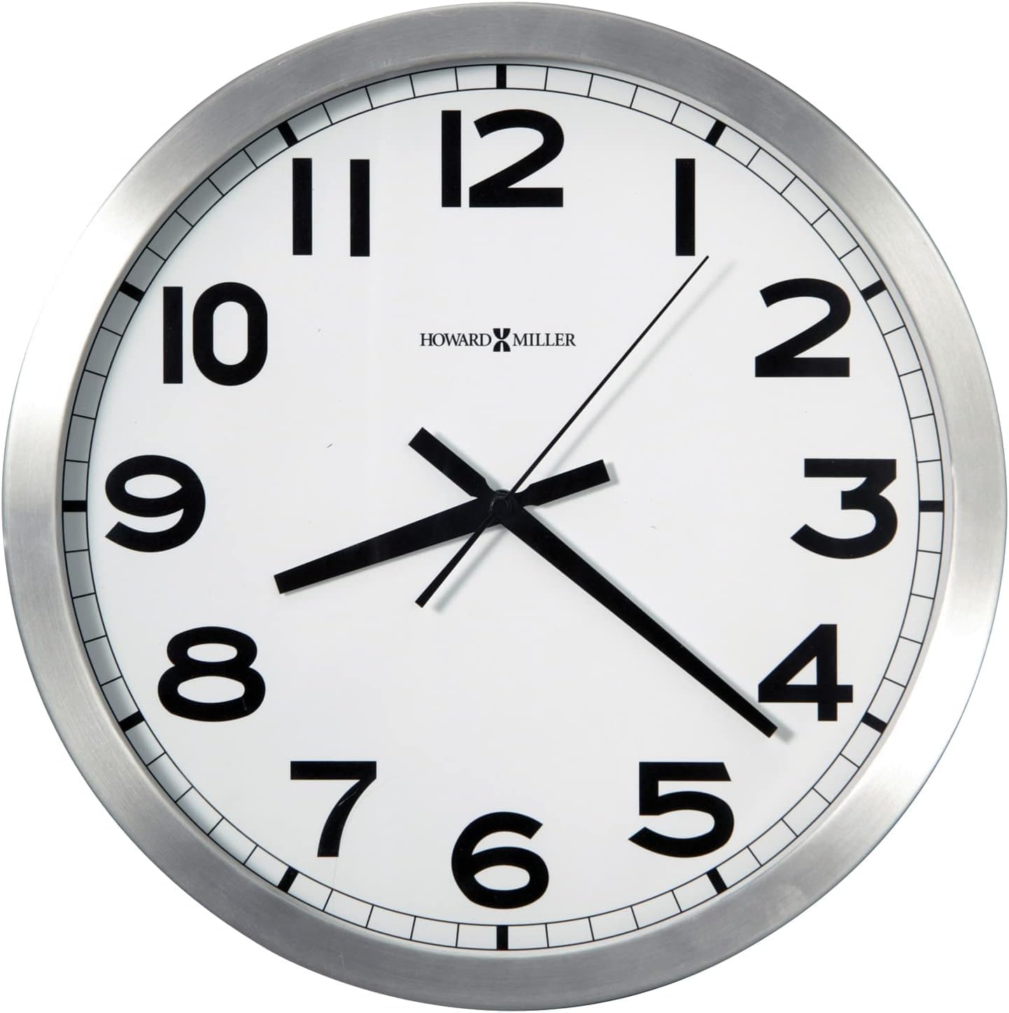 Horloge murale moderne Howard Miller Gooding en aluminium brossé et verre plat pour salon épuré