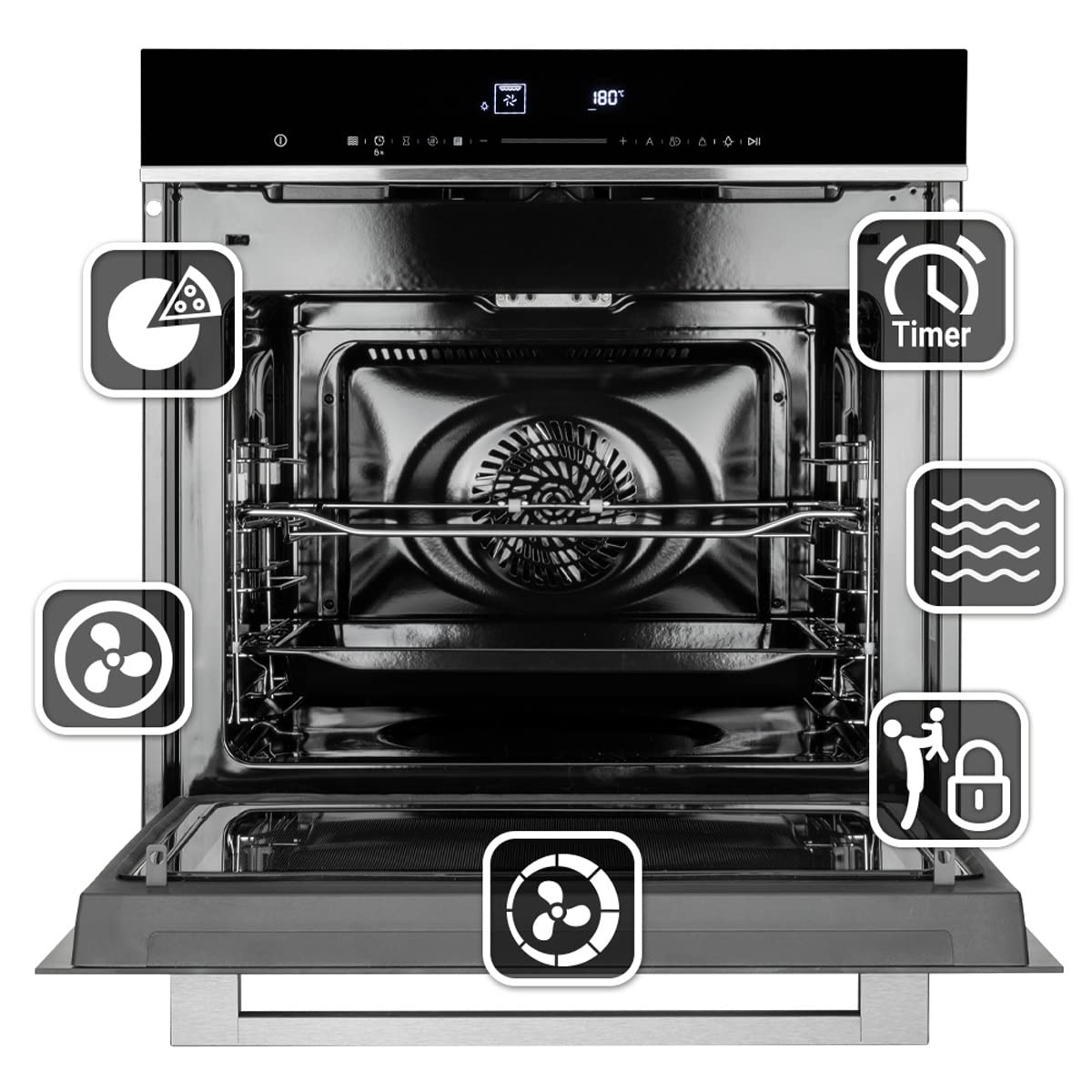 Microonde da incasso 60 cm | 72L | 2,88kW | Funzione pizza | Griglia | Circolazione dell'aria | Aria calda | EBM8018S Nero