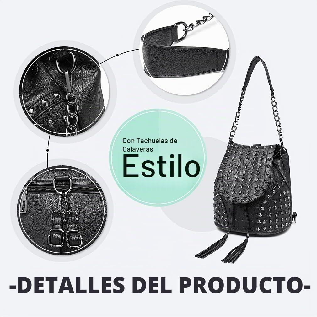 Miss Lulu Mochila Antirrobo para Mujeres, Bolsos Mochila para Mujer con Decoración de Clavos Calavera - Ideal para Festival, Noche en la Ciudad y Estilo Urbano