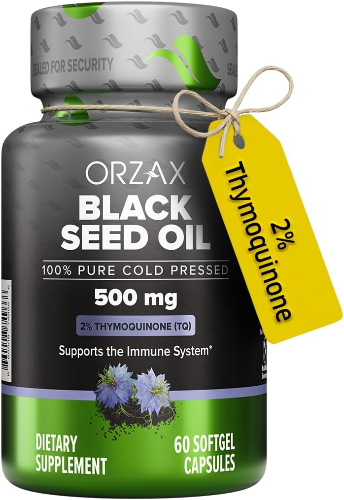 Black Seed Oil Cold Pressed 100% Pure | Non-GMO - Rich in Omega 3 6 9 & Thymoquinone | Black Cumin Nigella Sativa Oil for Immune Support, Hair, Skin, Face (500 mg - 60 Softgel Capsules)
