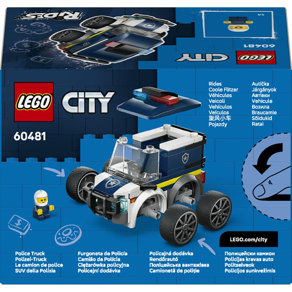 LEGO City Pojazdy — Ciężarówka policyjna, pojazd ratunkowy, zabawka dla dzieci z minifigurką małego policjanta, pomysł na prezent dla 5-latka na urodziny, klocki dla chłopca i dziewczynki 60481
