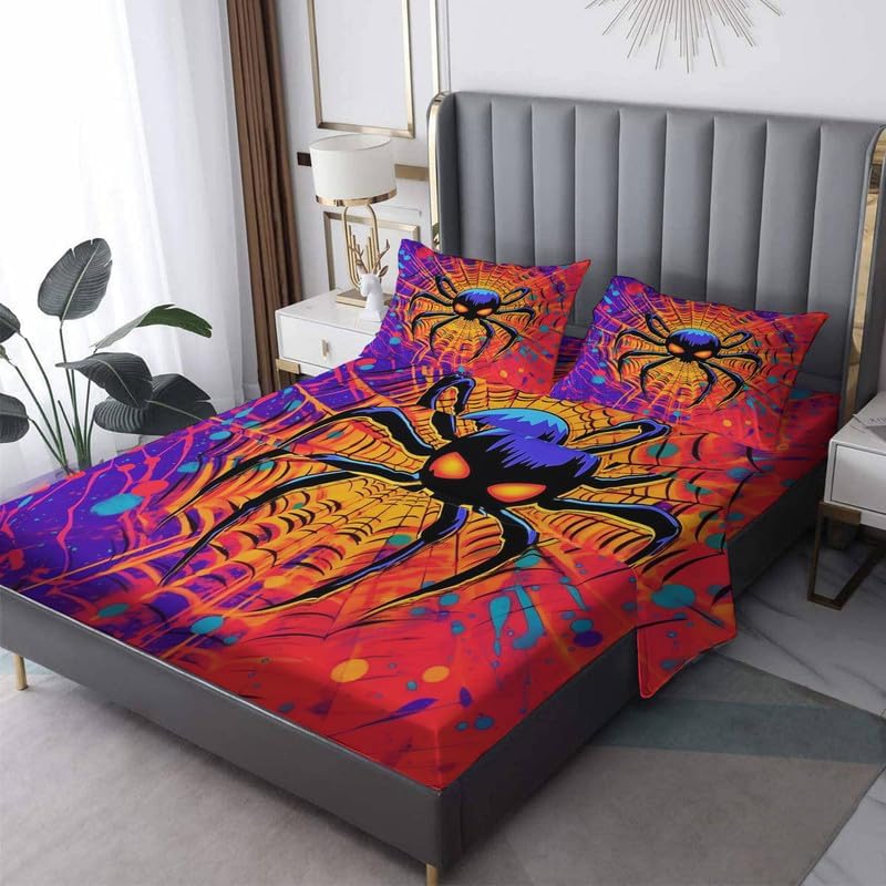 Spider Sheets Twin Size - Halloween Bed Sheets, Soft Microfiber & Deep Pocket & Wrinkle Free Patterned Bedding Sheets & Pillowcases, 3 Piece (1 Fitted Sheet, 1 Flat Sheet, 1 Pillow Case)