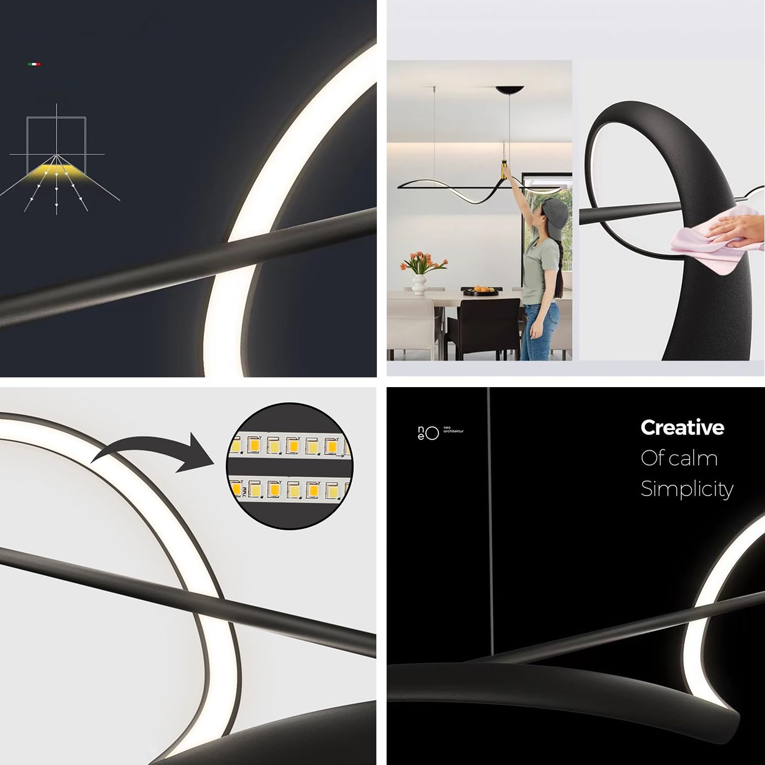 LED Dimmbare Pendelleuchte Esstisch Moderne Hängelampe Spiral Design Hängeleuchte Esszimmer Esstischlampe mit Fernbedienung Esszimmerlampe für Wohnzimmer Küche Büro Hängend Lampe (Schwarz, L100cm)