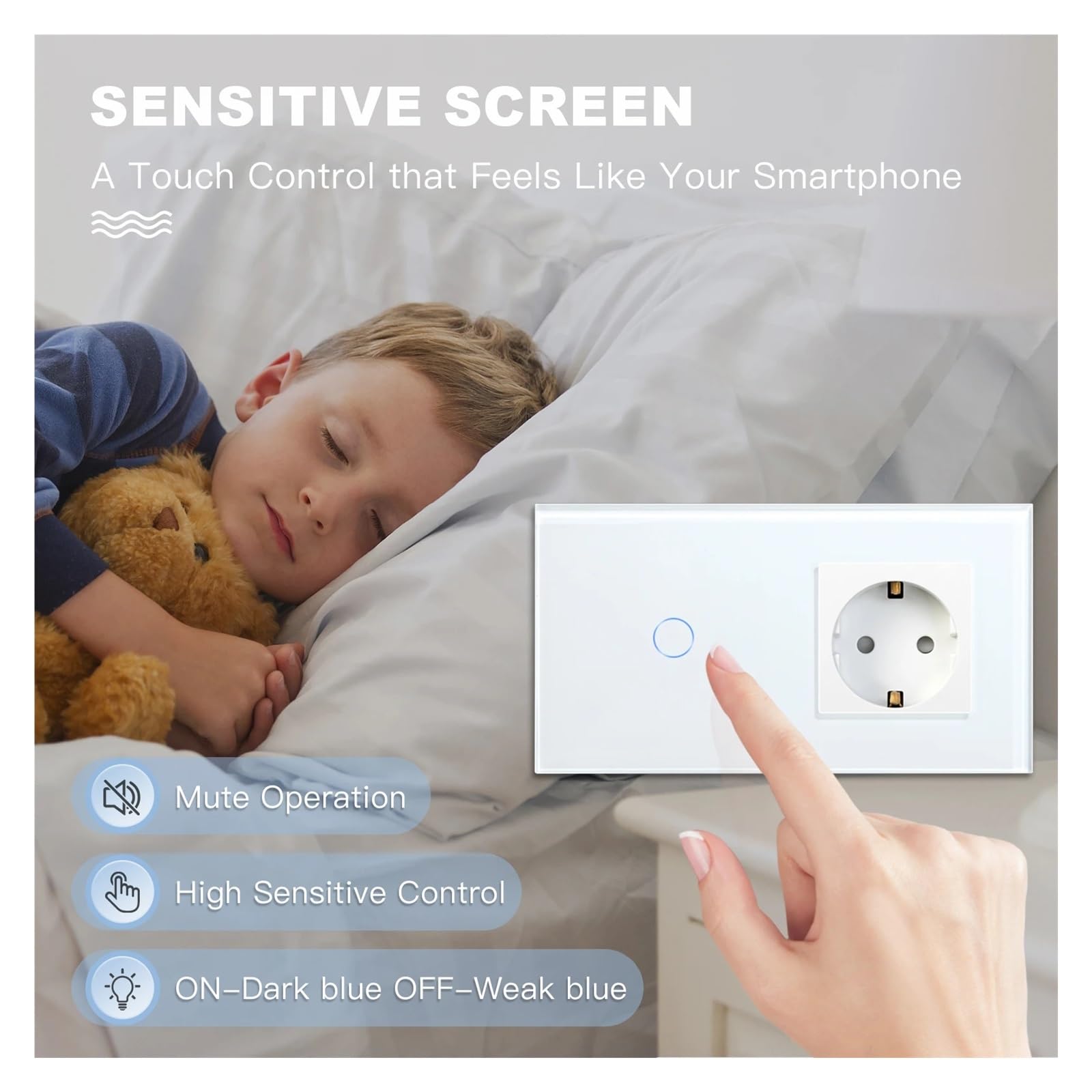 Interrupteur tactile, prise murale Standard ue, avec panneau en verre cristal USB type-c, prises d'alimentation de couleur blanche, interrupteur 1/2/3 gangs(Four Socket)