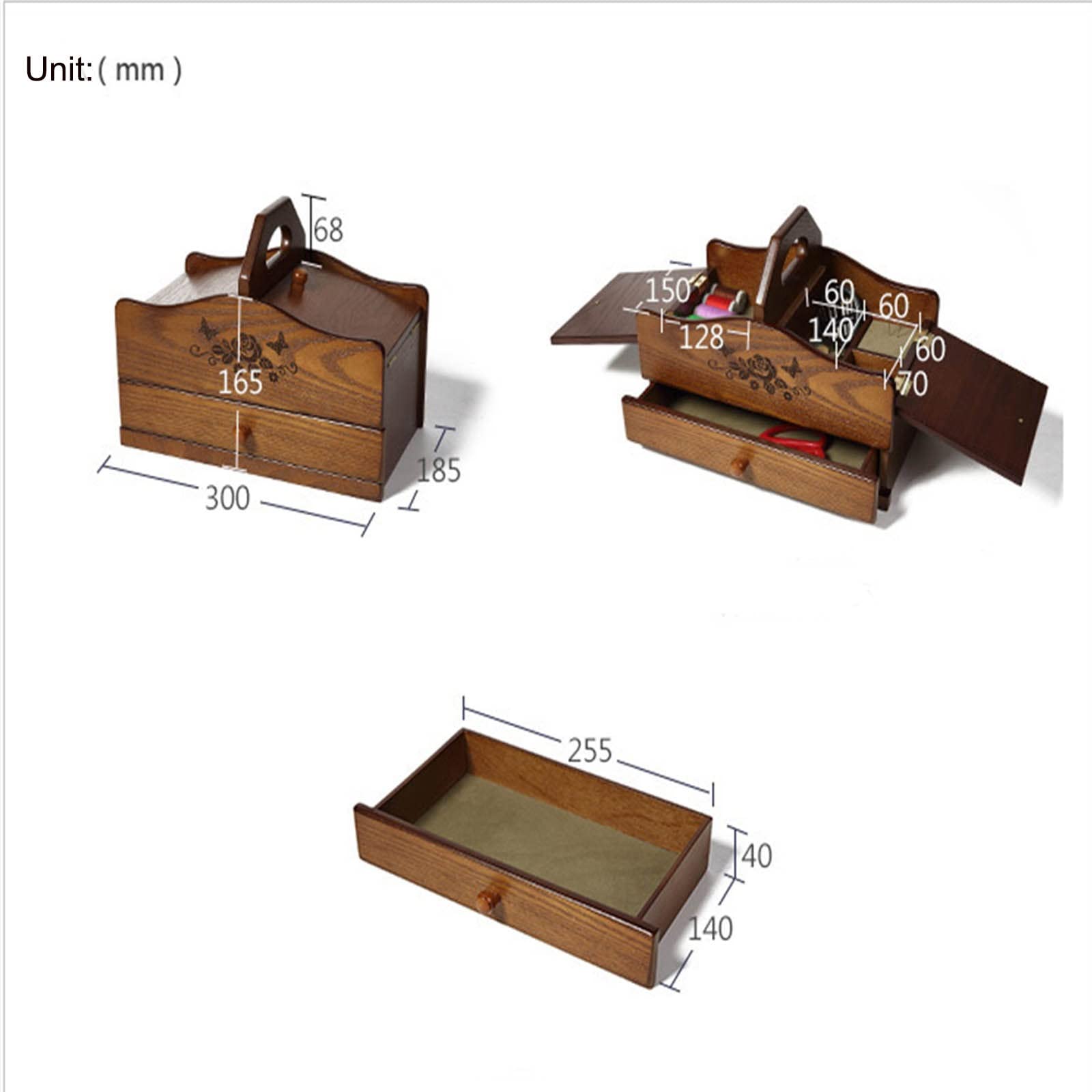 Pudełko do szycia, zestaw do szycia-drewniany organizer hobby do rękodzieła z 2 szufladami drewniany kosz do szycia na zestawy do haftowania materiały do ​​pikowania zestawy do haftu krzyżykowego