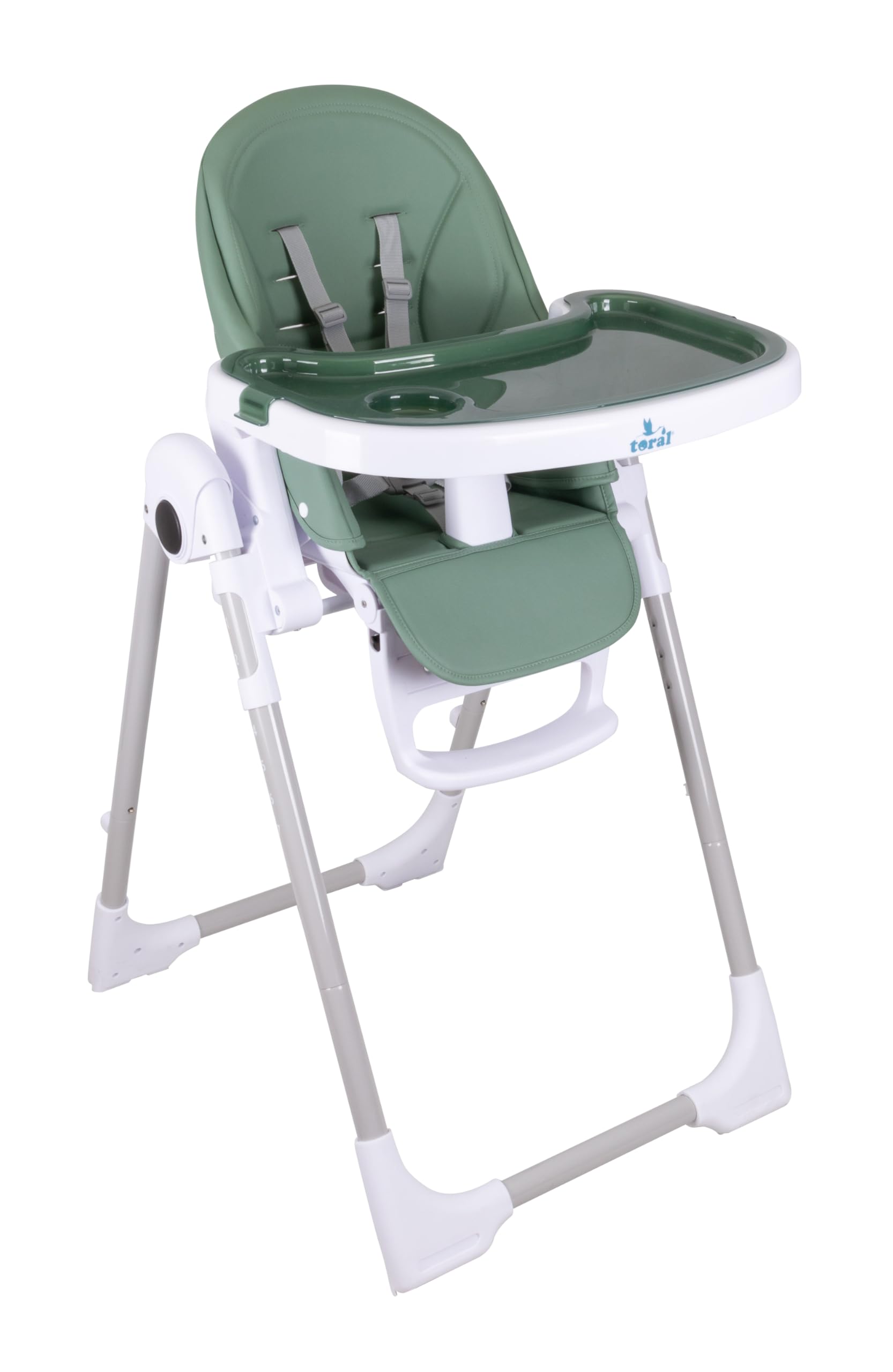 TORAL Trona Evolutiva Bebé - Plegable, Reclinable y Segura - Ajustable en Altura y con Reposapiés - Bandeja Extraíble y Fácil de Limpiar - Portátil, Color Verde