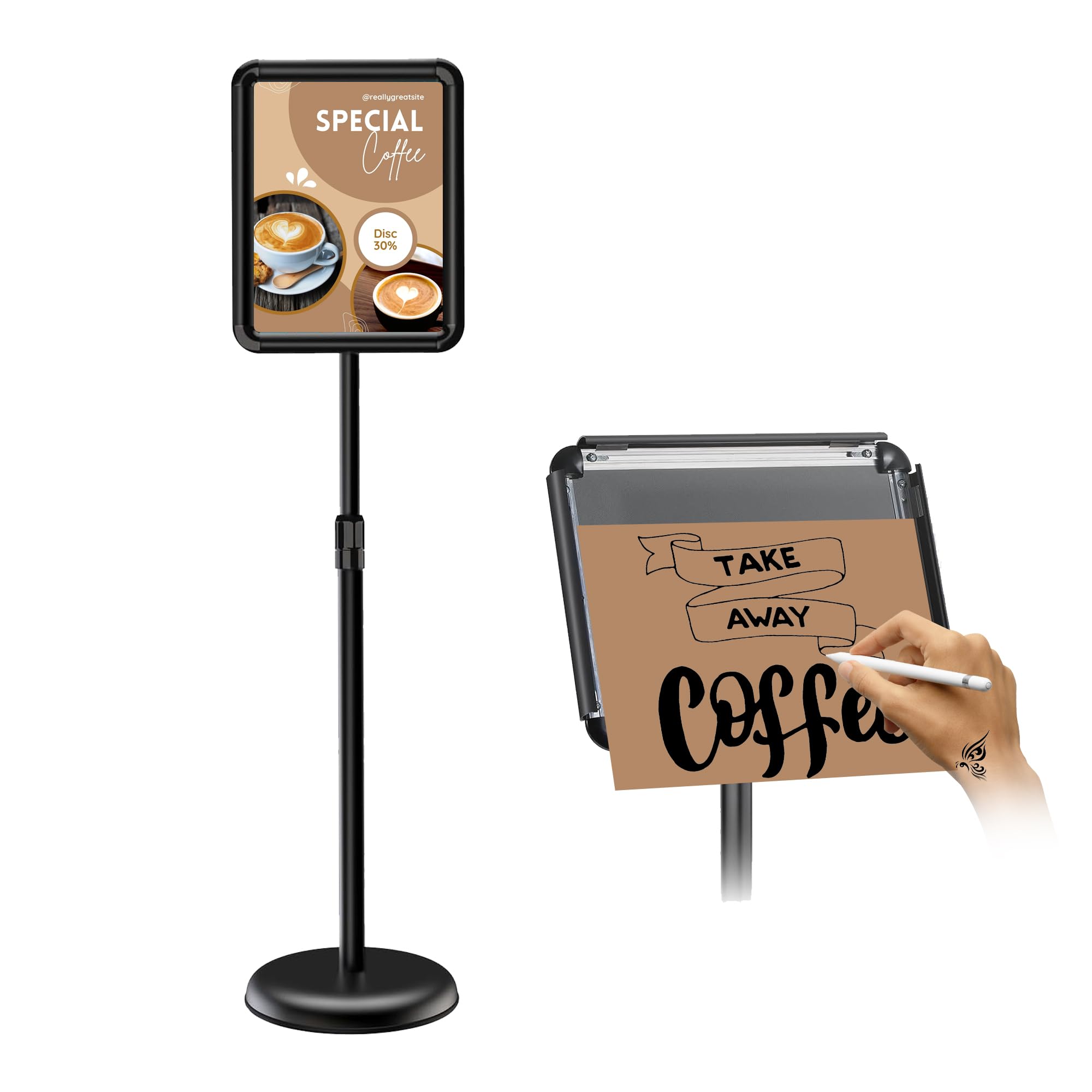 Adjustable Pedestal Floor Stand Sign Holder with 360° Rotation & Anti-Glare PVC Frame (8.5