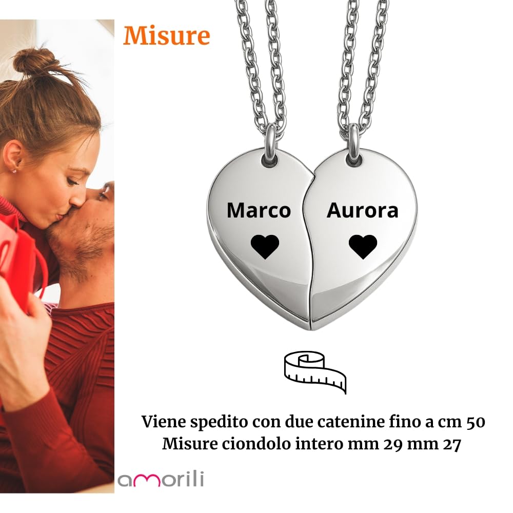 Collana Coppia Cuore che si Spezza Personalizzata in Acciaio Inox | Collane per Fidanzati Amore a Distanza | Cuore Diviso Personalizzabile Nome Data Incisione cll0972c
