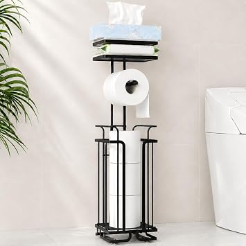 Free Standing Toilet Paper Holder with Shelf,Bathroom Toilet Paper Storage for 4 Rolls,Rustproof Metal Toilet Paper Stand with Shelf for Phone Tissues Wipes,Black