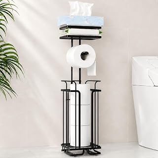 Free Standing Toilet Paper Holder with Shelf,Bathroom Toilet Paper Storage for 4 Rolls,Rustproof Metal Toilet Paper Stand with Shelf for Phone Tissues Wipes,Black