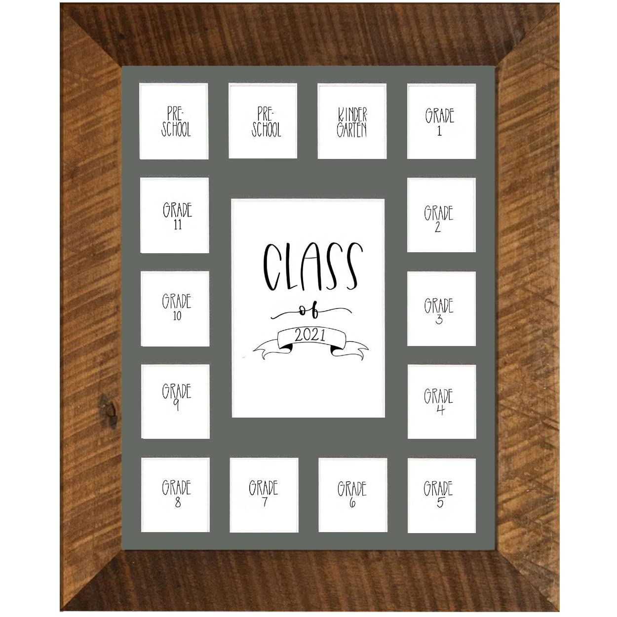 Rustic Red Door Co. School Years Reclaimed Wood Picture Frame with Mat - 11x14 Wooden Framed 15 Photo Collage Mat Pre-School &amp; Kindergarten to 12th Grade (Class of 2021, Grey)