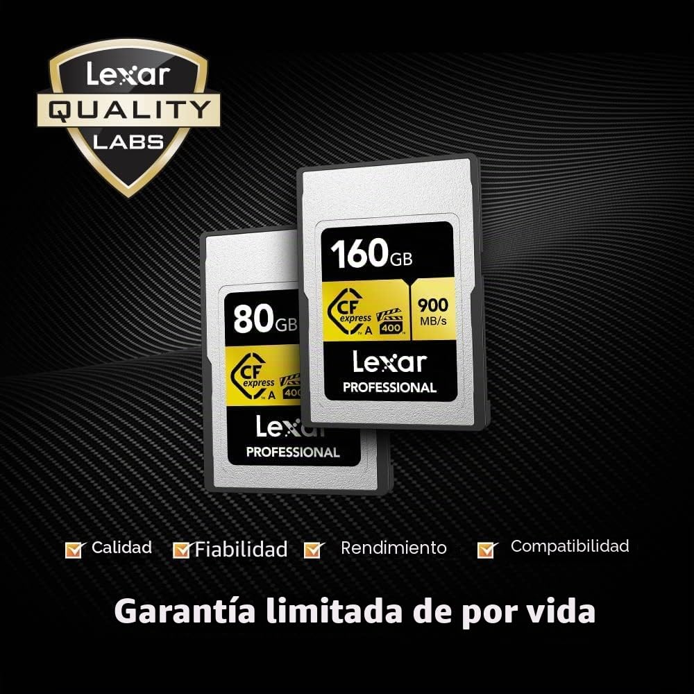 Lexar Tarjeta de Memoria Profesional CFexpress Tipo A Gold Series de 80 GB, hasta 900 MB/s de Lectura, Video 8K de Calidad cinematográfica, clasificada VPG 400 (LCAGOLD080G-RNENG)