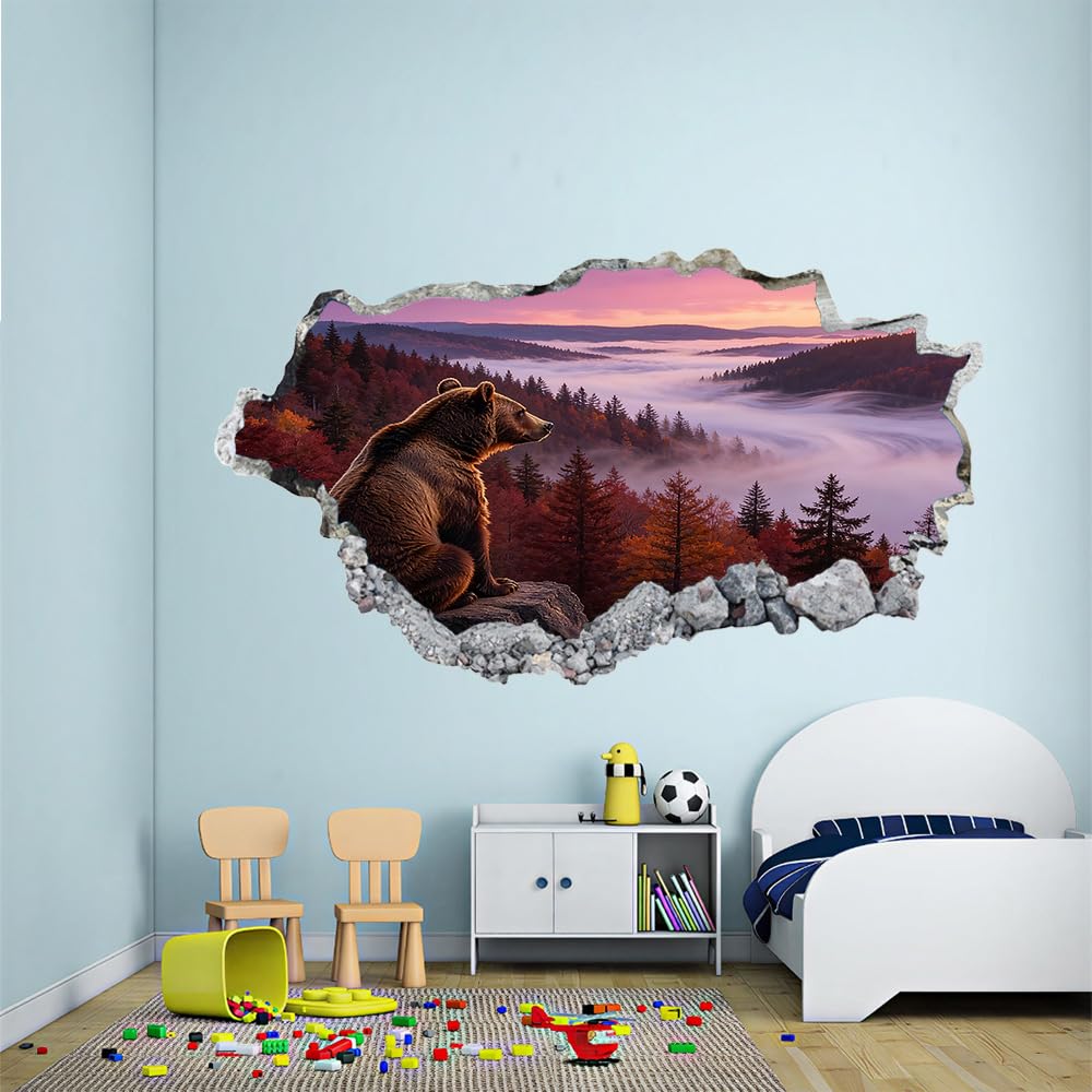 3D Wandtattoos Durchbruch Wandbild Bären Kinderzimmer Aufkleber Wandaufkleber Baumnebel Herbst Natur Wandsticker für Kinderzimmer Junge Zimmer Wohnzimmer Schlafzimmer