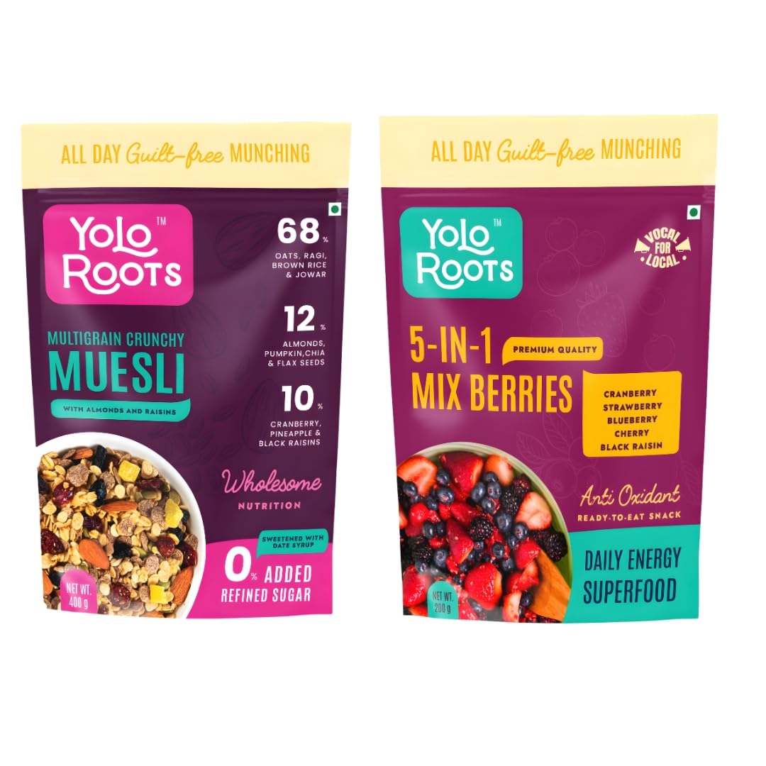 Yolo Roots Multigrain Crunchy Muesli 400g with Premium 5-in-1 Mix Berries 200g Combo | Nuts, Fruits & Berry Mix | Healthy Breakfast (Pack of 2)
