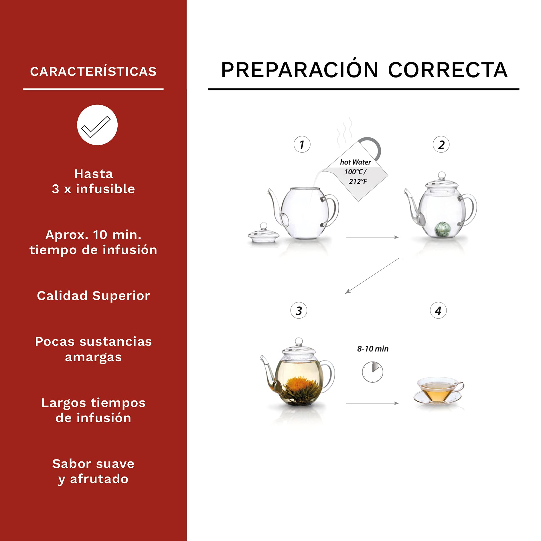 Creano Set de Flores de Té Blanco 6 uds y Tetera de Vidrio 500ml Antigoteo – Experiencia de Bienestar y Relax – Té Blanco Suave de Calidad Artesanal
