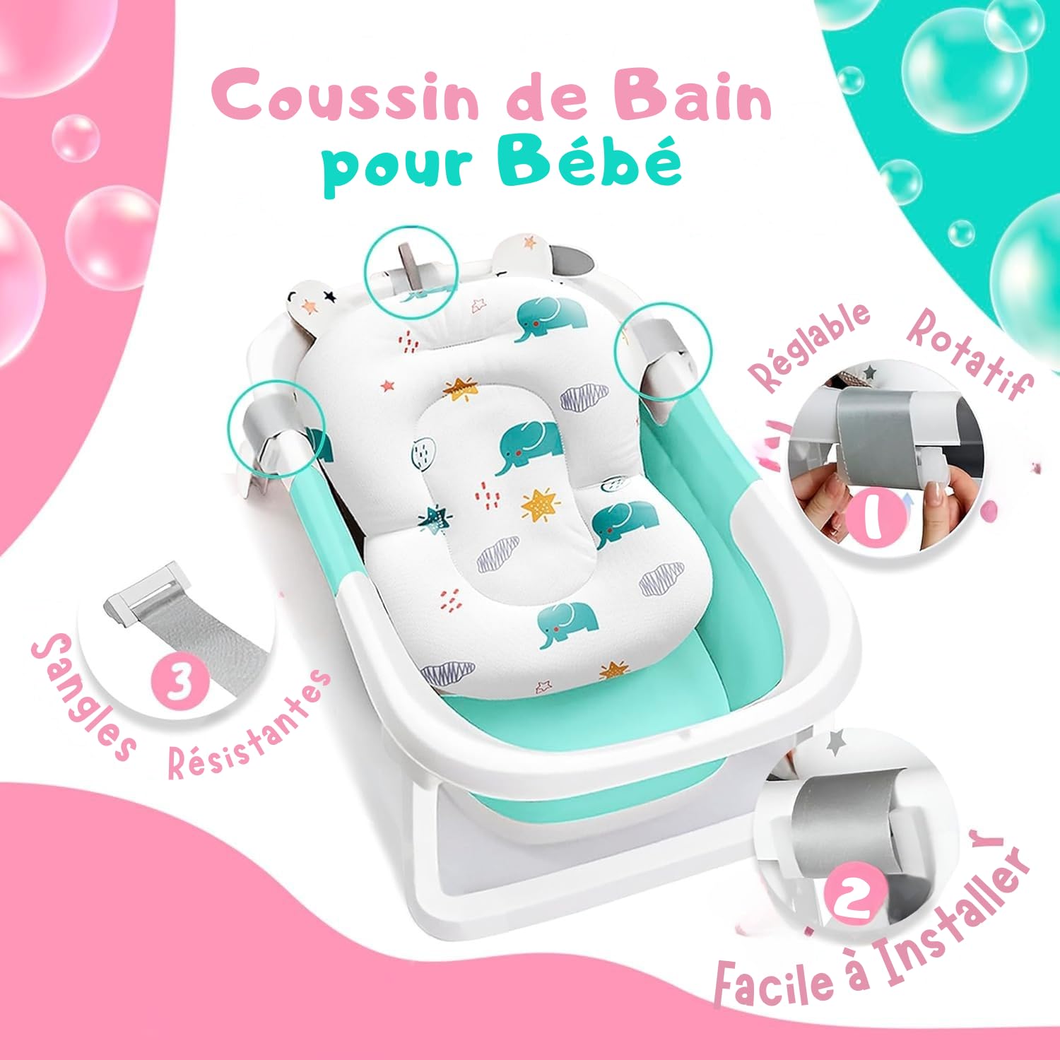 Coussin de Bain Bébé + Pichet de Bain – Coussin Baignoire Bébé Universel – Réducteur Baignoire pour Bébé – Matelas Doux & Antidérapant (Blanc)
