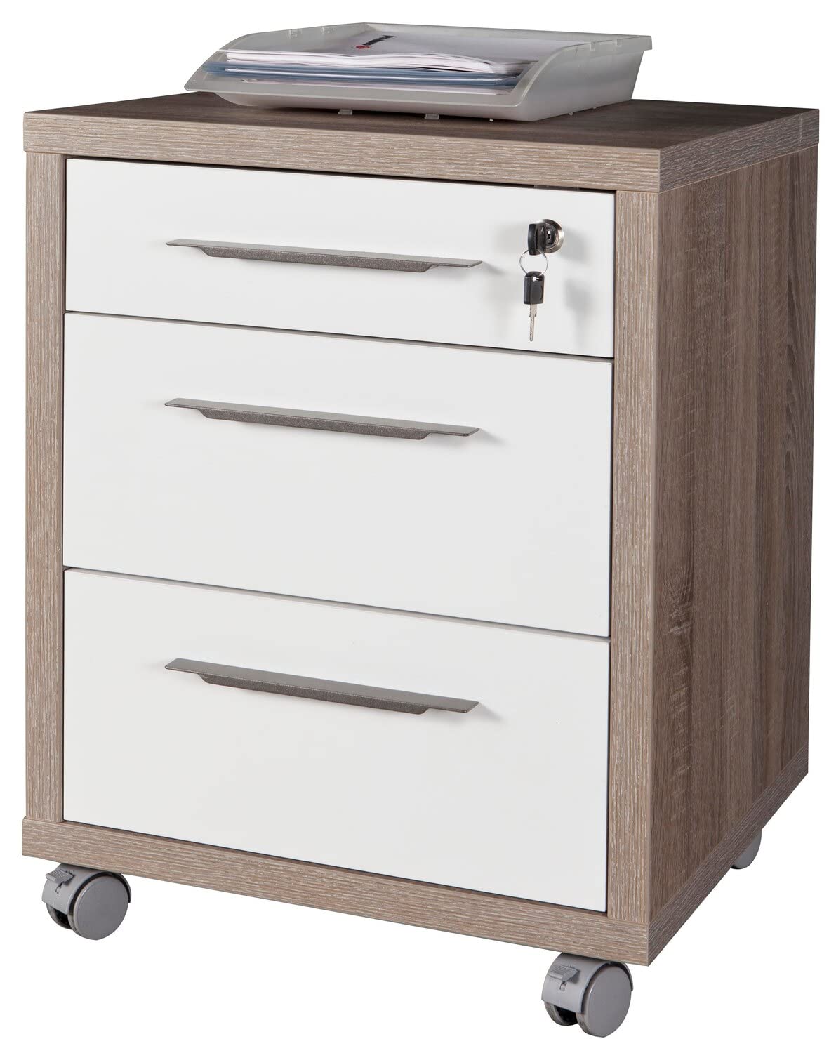 COMPOSAD | Ufficio Completo della Linea DISEGNO, Set di 4 Mobili, Libreria, Scrivania, Cassettiera, Mobile Archivio, Mobili Ufficio, Colore Rovere Sonoma e Bianco Laccato, Made in Italy