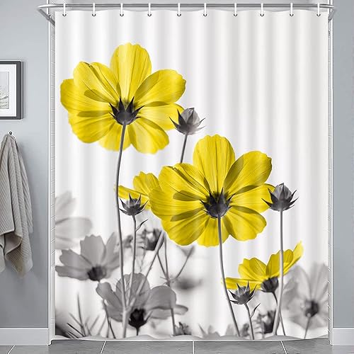 Miniatura 10 de MERCHR Cortina de ducha única con diseño floral rosa para decoración de baño, diseño de margaritas rosas y grises, elegante diseño de flores