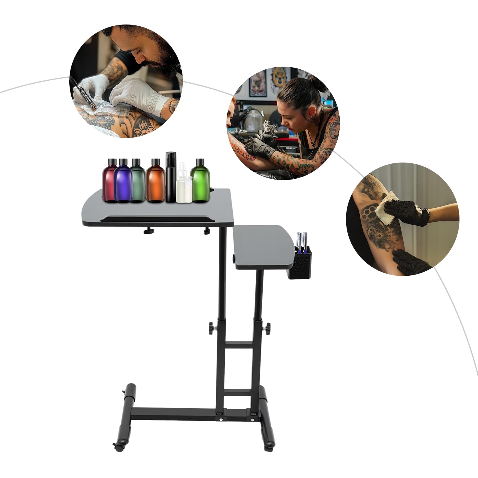 Tattoo Workstation mit Rollen, Höhenverstellbarer Tattoo Tisch 57,5–90cm, Doppelte Werkbank 64x40cm mit Abnehmbarem Stiftrahmen, Mobiler Arbeitstisch für Tattoo Studio & Beauty Salon