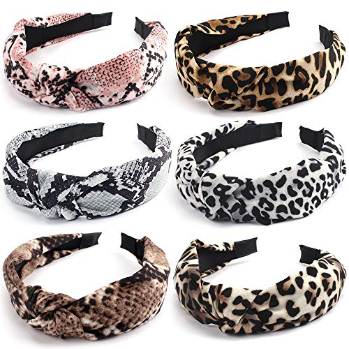 Headbands for Women, 6 Pack Snake Skin Top Knot Hairbands Hair Hoop, Leopard Cross Cloth Wrapped Hair Bands, Hair Accessories for Women Makeup Spa Hair Fix Accessories