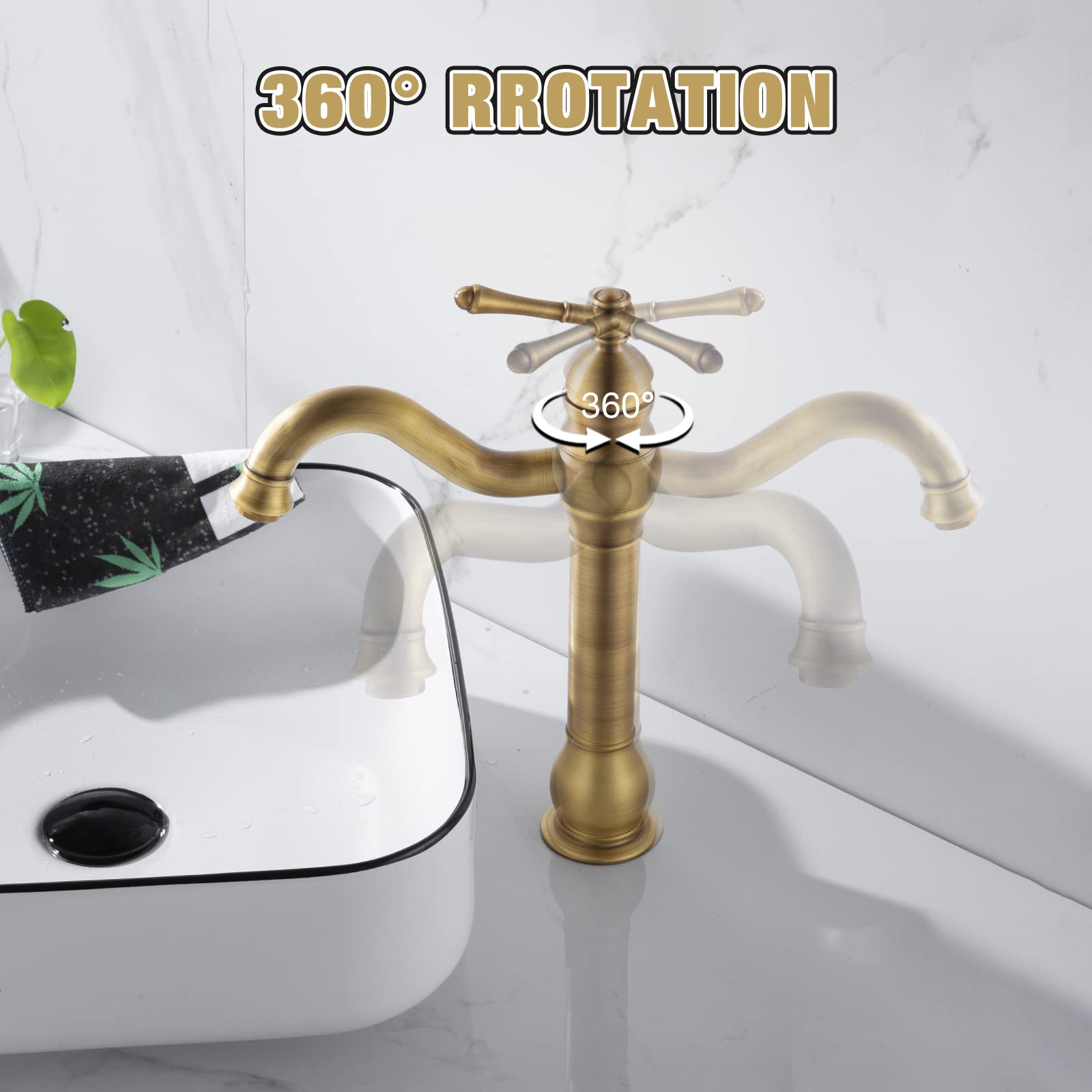 Namuoto Robinet Salle Bain Haut Peut Pivoter à 360 °Mitigeur de Lavabo, Robinet de Lavabo Rétro pour Salle de Bain, Laiton Antique