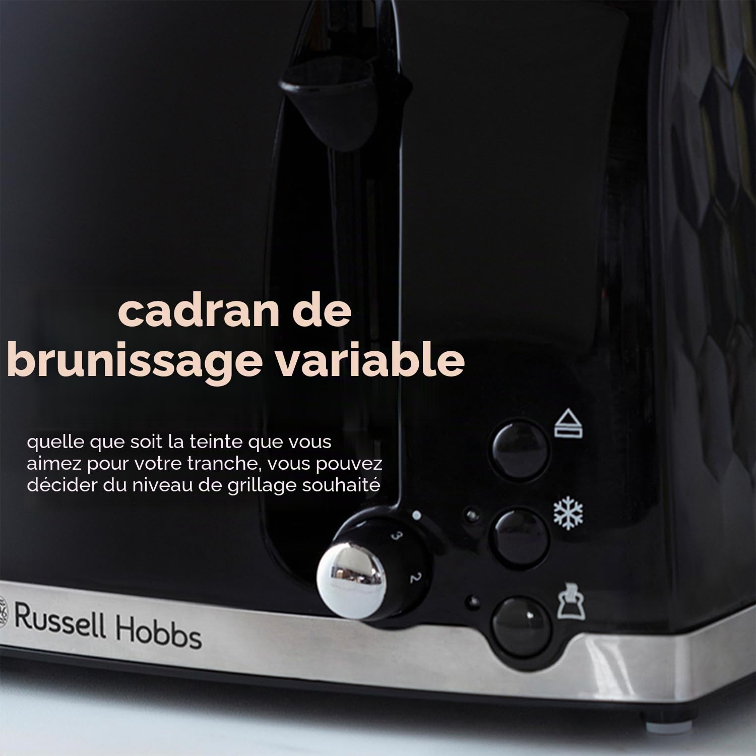 Russell Hobbs 26071 Grille-Pain 4 Tranches Design Moderne en nid d'abeille avec fentes extra larges et fonction de levage haut Noir