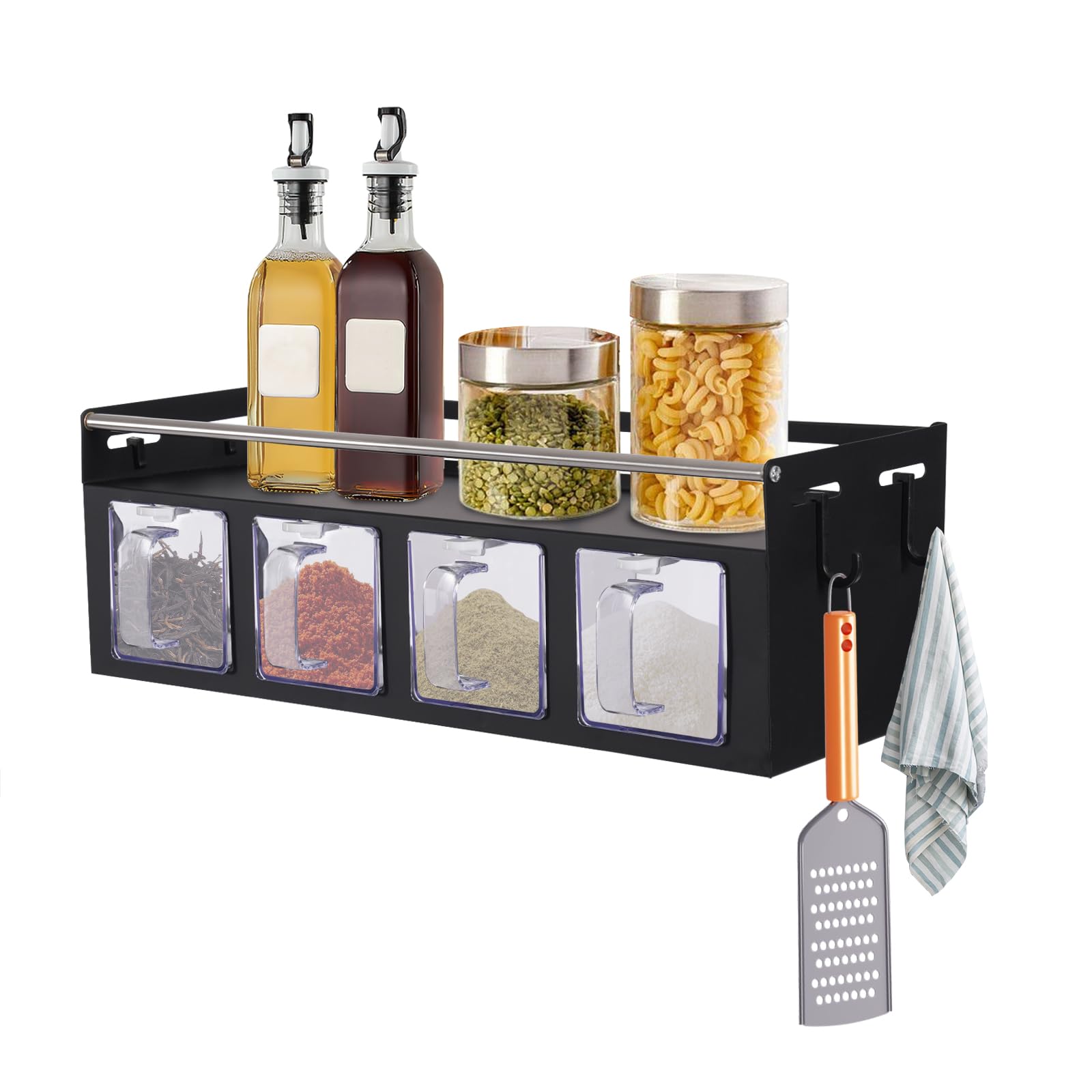 Scaffale portaspezie da parete, 39,5 x 13,5 x 13 cm, con 4 ganci, porta utensili da cucina, per cucina e bagno (nero)