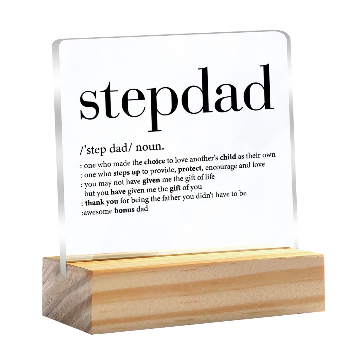 Stepfather Gift for Birthday Father’s Day Stepdad Definition Clear Desk Decorative Sign Keepsake Present Bonus Dad Acrylic Plaque with Wooden Stand Sign Desk Decor for Home Office