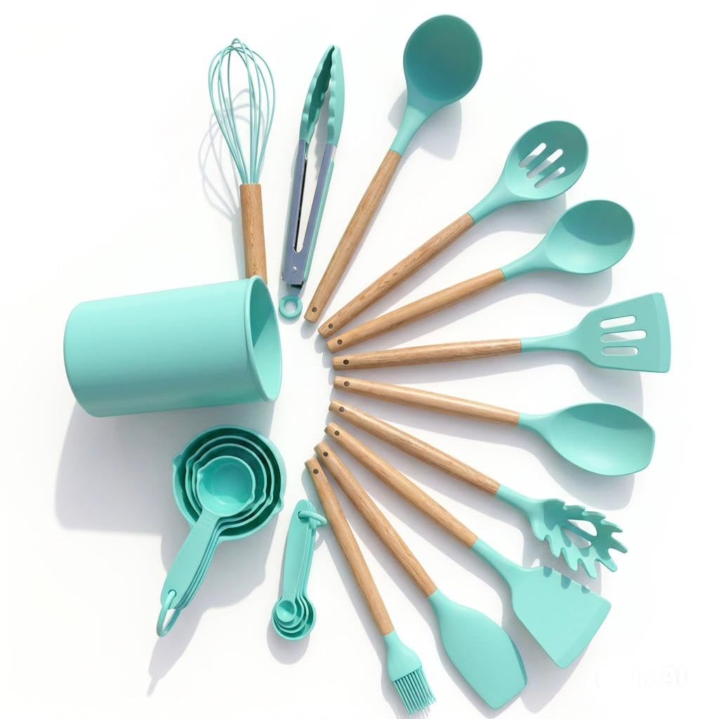 AHASON'S Juego de utensilios de cocina de silicona, 12 piezas de 230 °C a 230.0 °C, resistentes al calor, tenazas, cucharas, espátulas, cepillo, batidor con soporte, utensilios de cocina