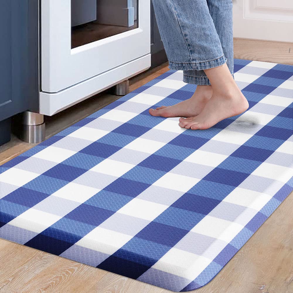 Carvapet Buffalo Plaid Kitchen Mat Cushioned Anti Fatigue Comfort Floor Mat Waterproof Non-Slip Kitchen Foam Rug Ergonomic Standing Mat for Home Kitchen Office Laundry, Navy Blue & White,17.3"x39"