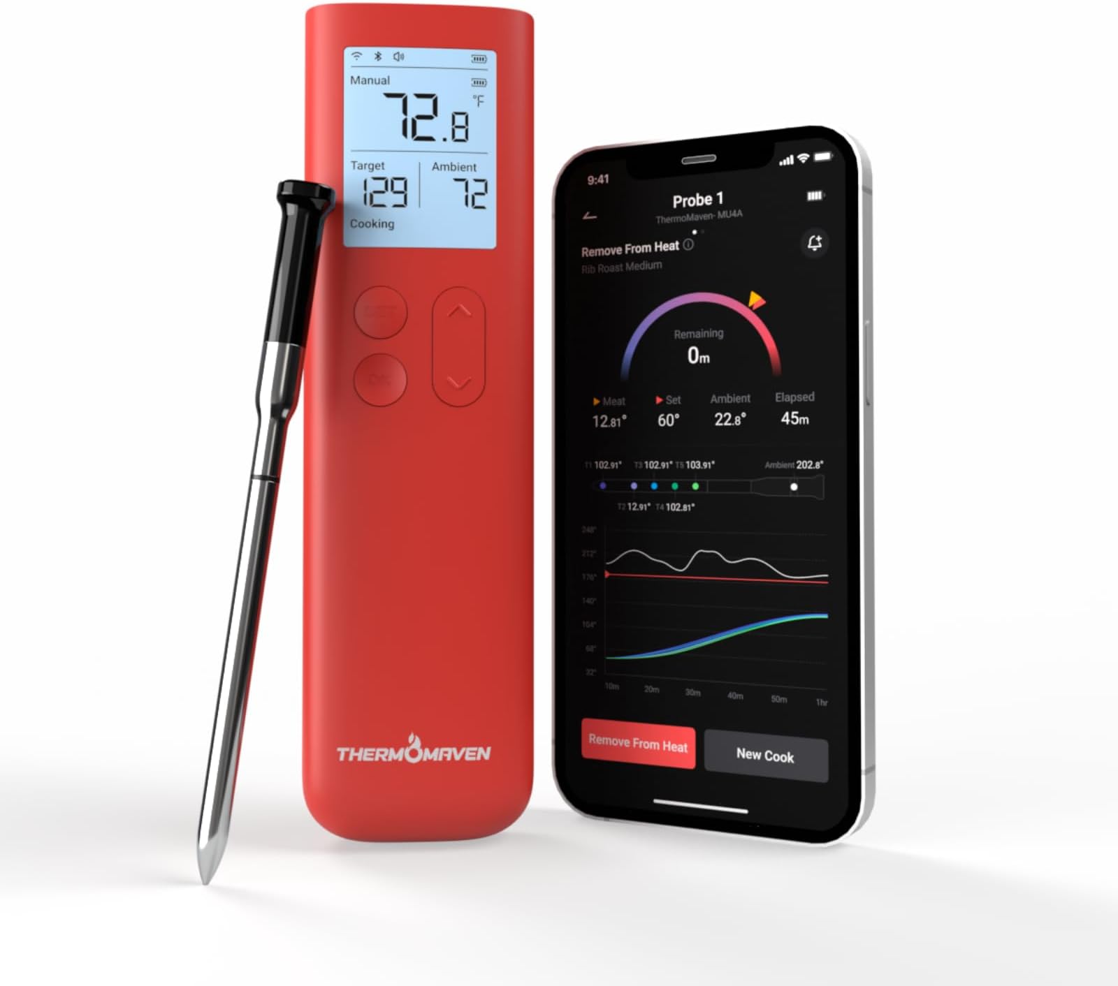 ThermoMaven Smart Bluetooth Wireless Meat Thermometer:Sub-1G Signal Stability, Standalone Display Base, Certified Accuracy of ±0.5°F, Unlimited WiFi Range for BBQ, Oven, Smoker, and Grill (Red)